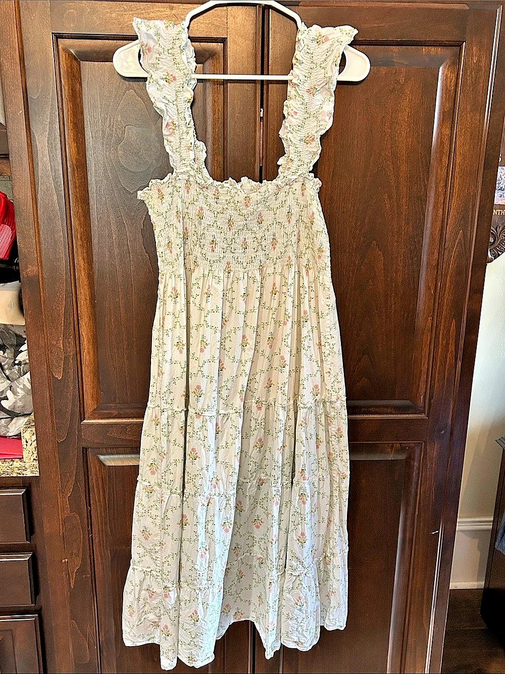 Floral Cotton Midi Sun-Dress Sz S in White & Green Peach - Stretchy